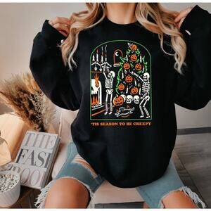 Black Halloween Sweatshirt Small Tis the Season to Be Creepy Skeleton Pumpkin